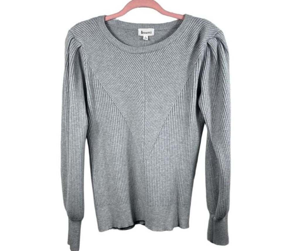 &merci Women's Gray Ribbed Knit Puff Long Sleeve Crewneck Sweater Size L